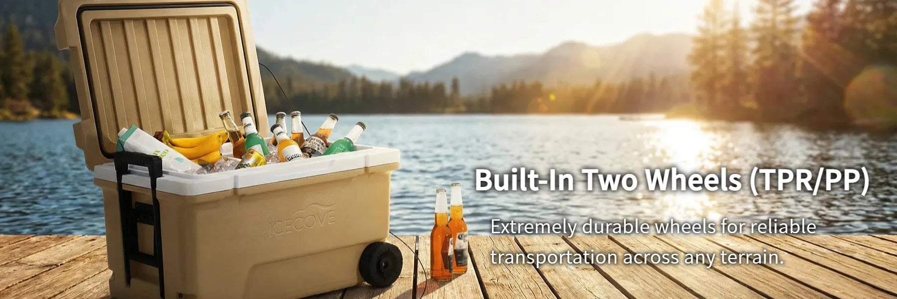 SUNJOY 60-quart Insulated Beach Ice Chest Cooler with Solar Panel, Wheels, and Handles - Tan