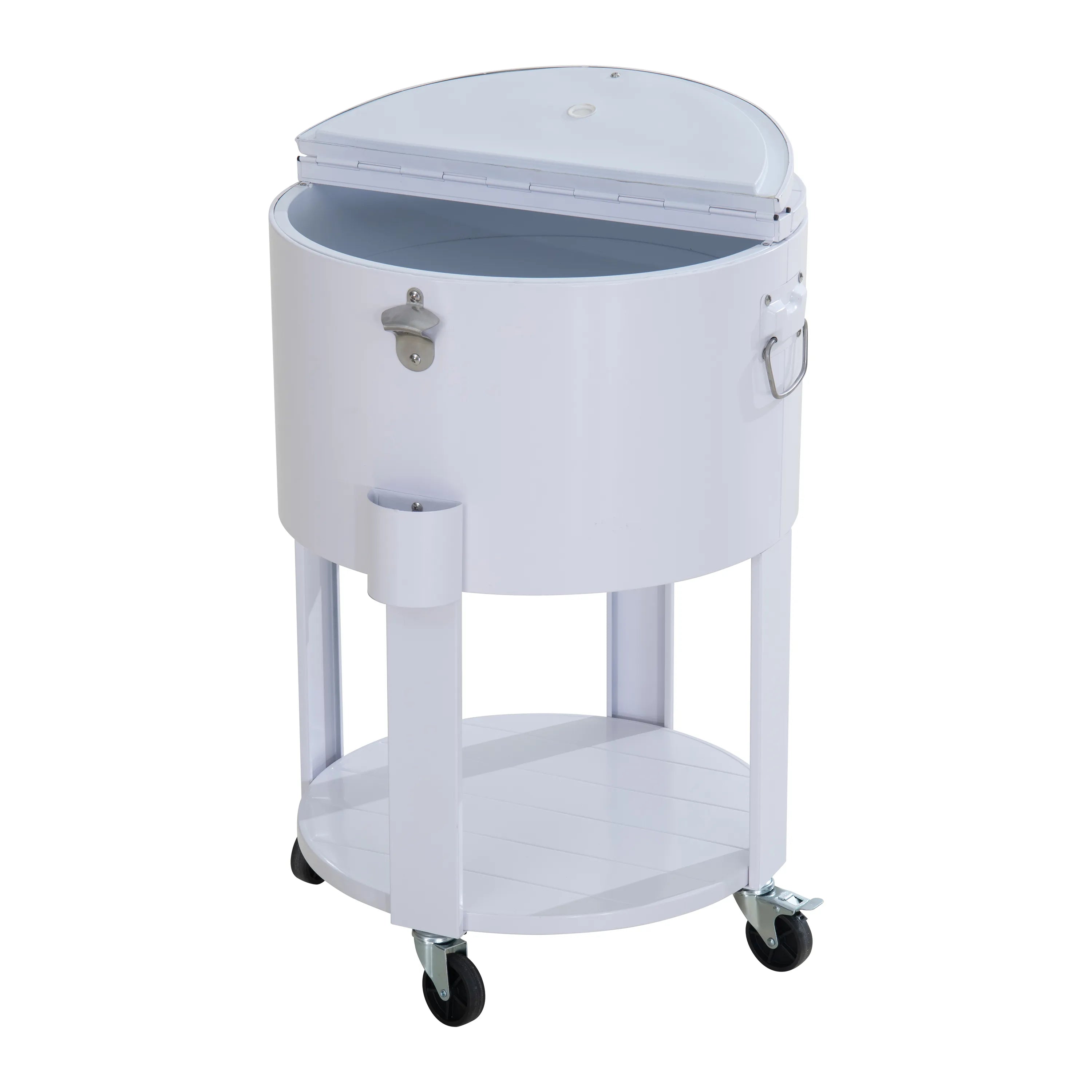 SUNJOY 60 Quart Patio Rooling Cooler Cart with Bottle Opener, Shelf and Lockable Wheels - White