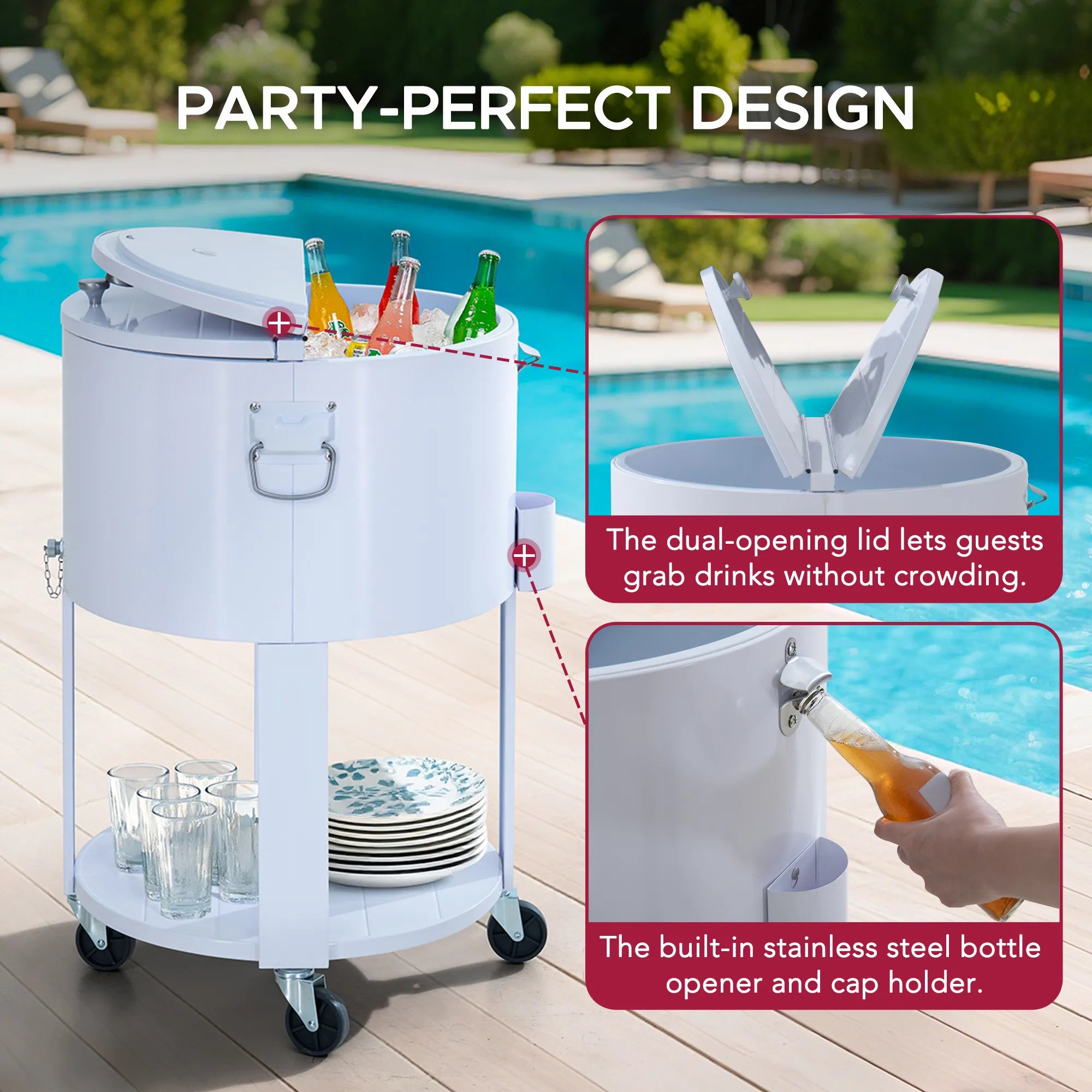 SUNJOY 60 Quart Patio Rooling Cooler Cart with Bottle Opener, Shelf and Lockable Wheels - White