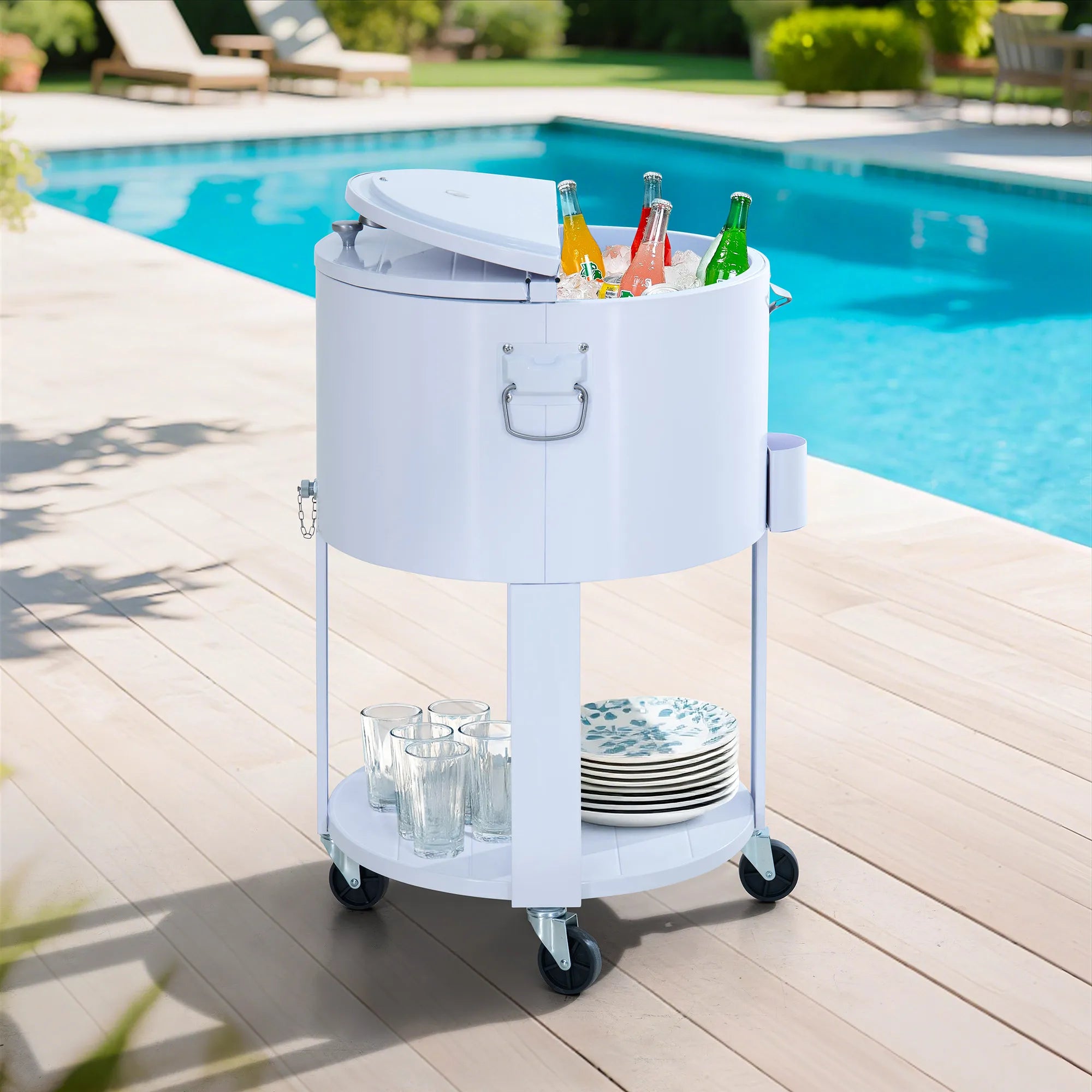 SUNJOY 60 Quart Patio Rooling Cooler Cart with Bottle Opener, Shelf and Lockable Wheels - White