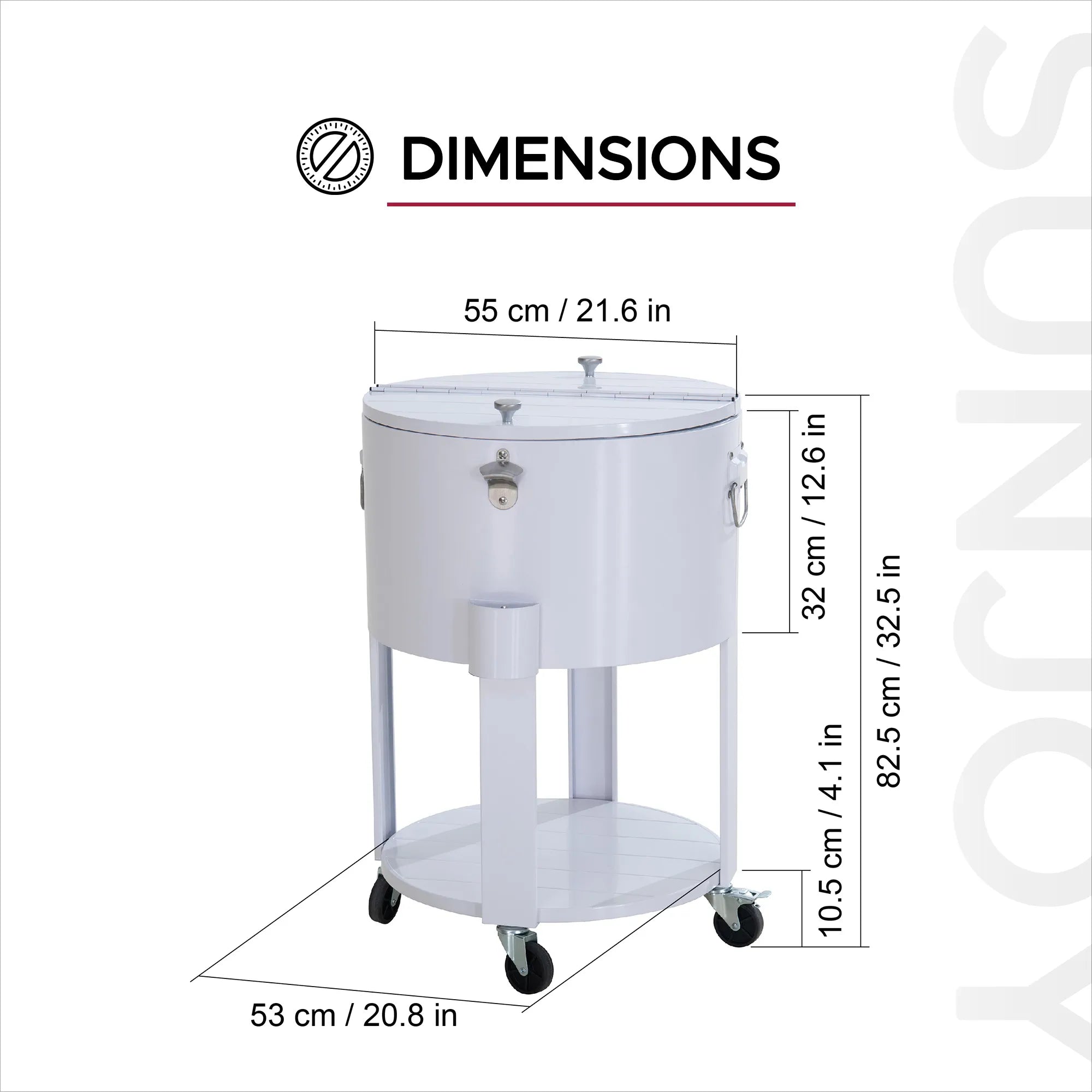 SUNJOY 60 Quart Patio Rooling Cooler Cart with Bottle Opener, Shelf and Lockable Wheels - White