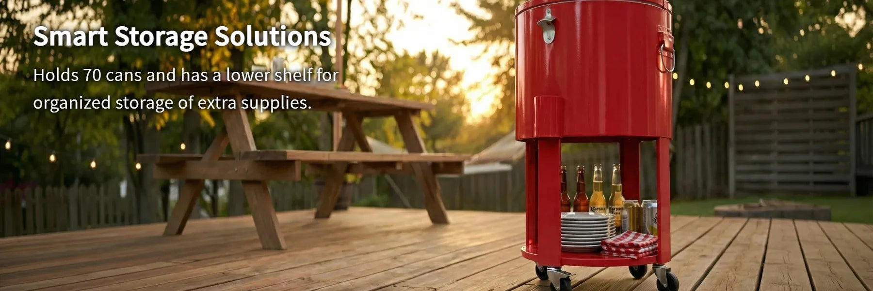 SUNJOY 60 Quart Patio Rooling Cooler Cart with Bottle Opener, Shelf and Lockable Wheels - Red