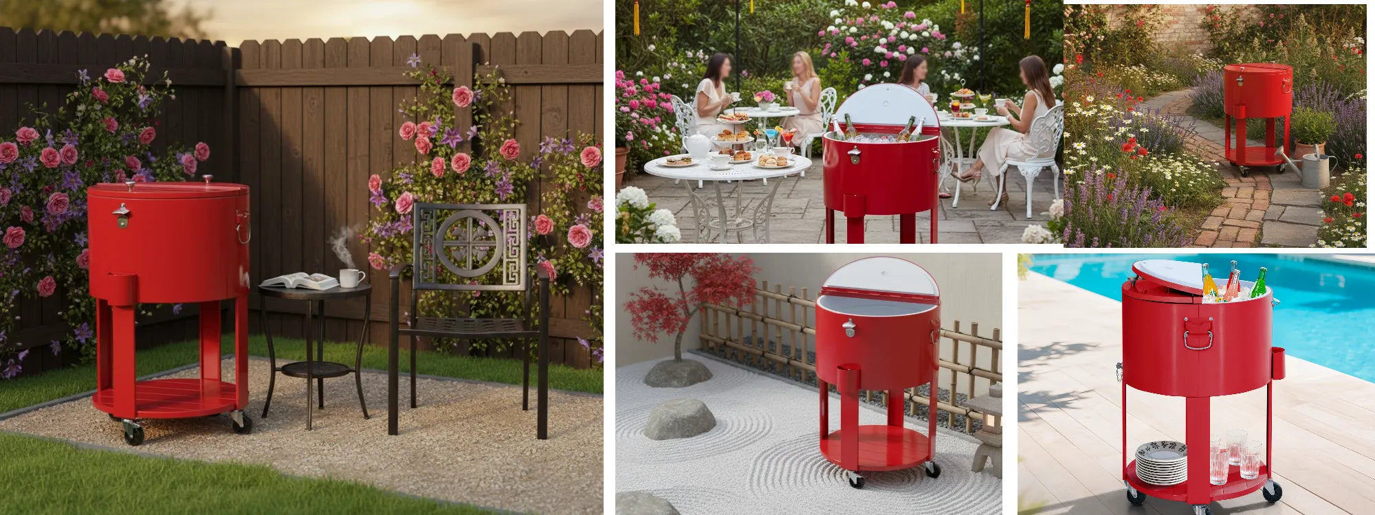 SUNJOY 60 Quart Patio Rooling Cooler Cart with Bottle Opener, Shelf and Lockable Wheels - Red