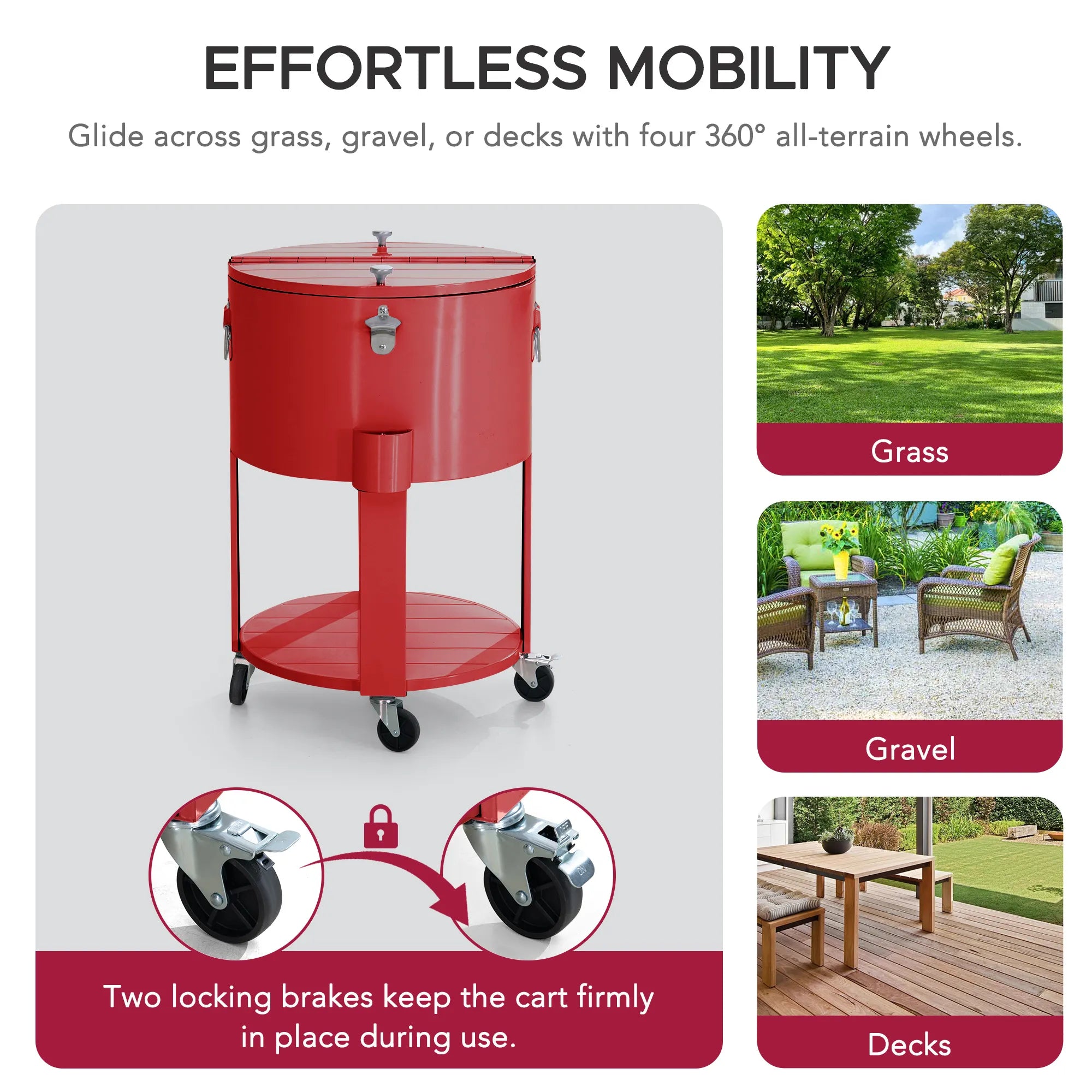 SUNJOY 60 Quart Patio Rooling Cooler Cart with Bottle Opener, Shelf and Lockable Wheels - Red