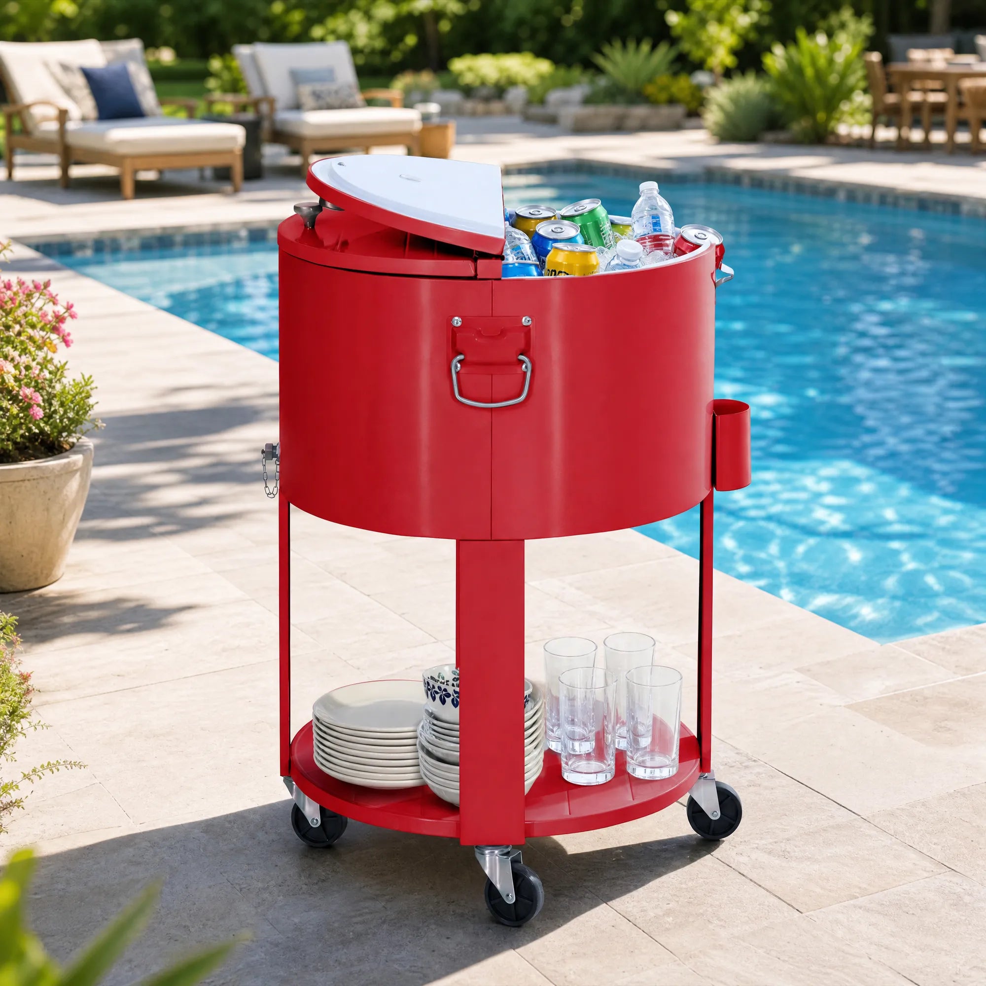 Oasis Rolling Patio Ice Chest Cart 60 Qt with Storage Shelf- Vintage Red