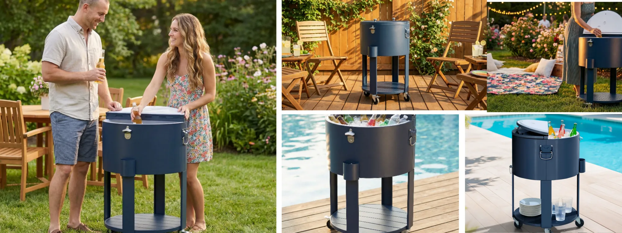 SUNJOY 60 Quart Patio Rooling Cooler Cart with Bottle Opener, Shelf and Lockable Wheels - Blue