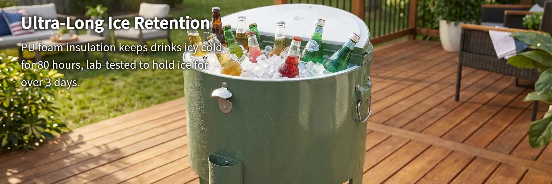 SUNJOY 60 Quart Patio Rooling Cooler Cart with Bottle Opener, Shelf and Lockable Wheels - Green