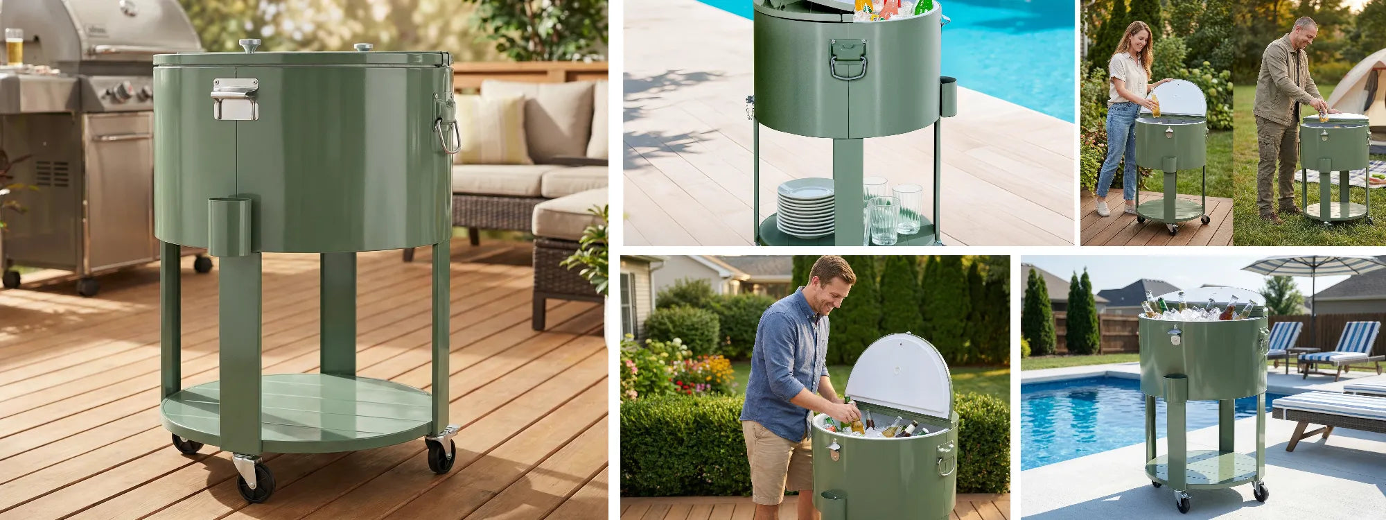 SUNJOY 60 Quart Patio Rooling Cooler Cart with Bottle Opener, Shelf and Lockable Wheels - Green
