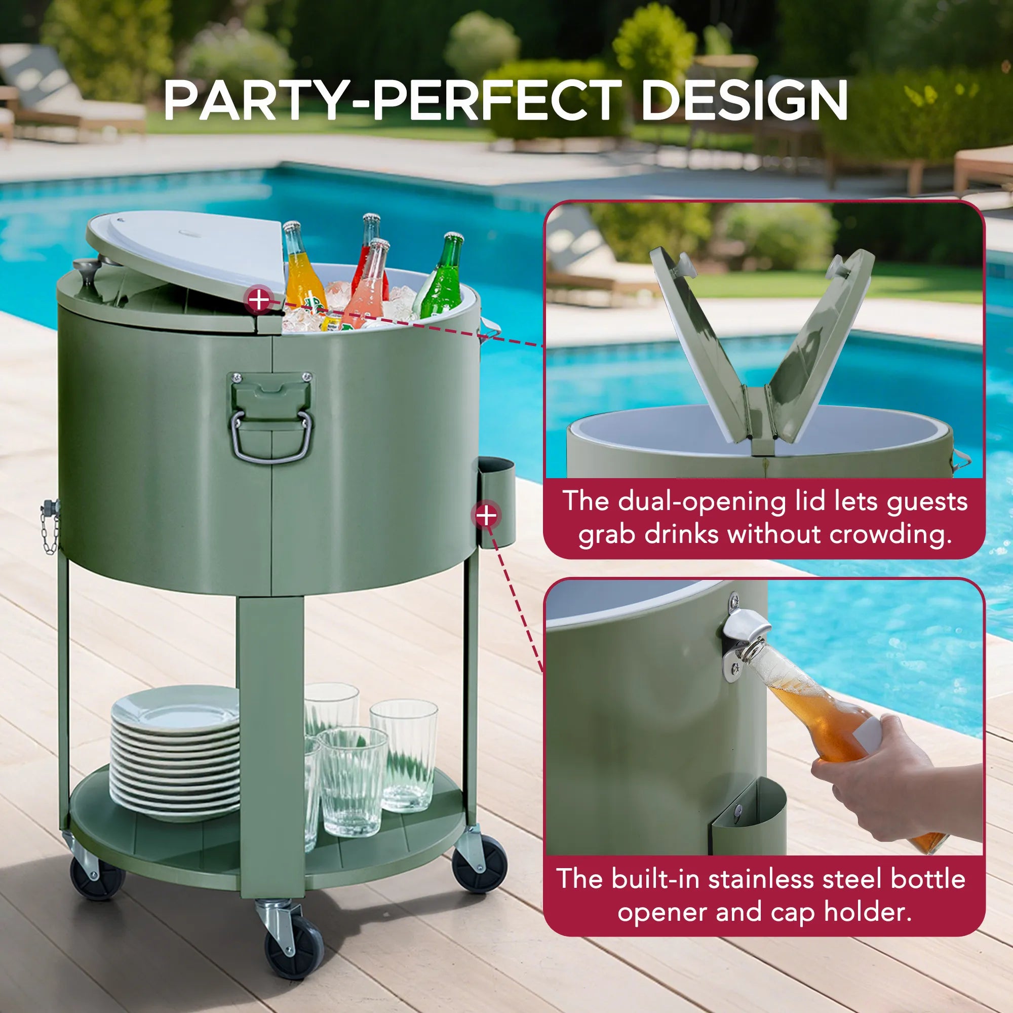 SUNJOY 60 Quart Patio Rooling Cooler Cart with Bottle Opener, Shelf and Lockable Wheels - Green
