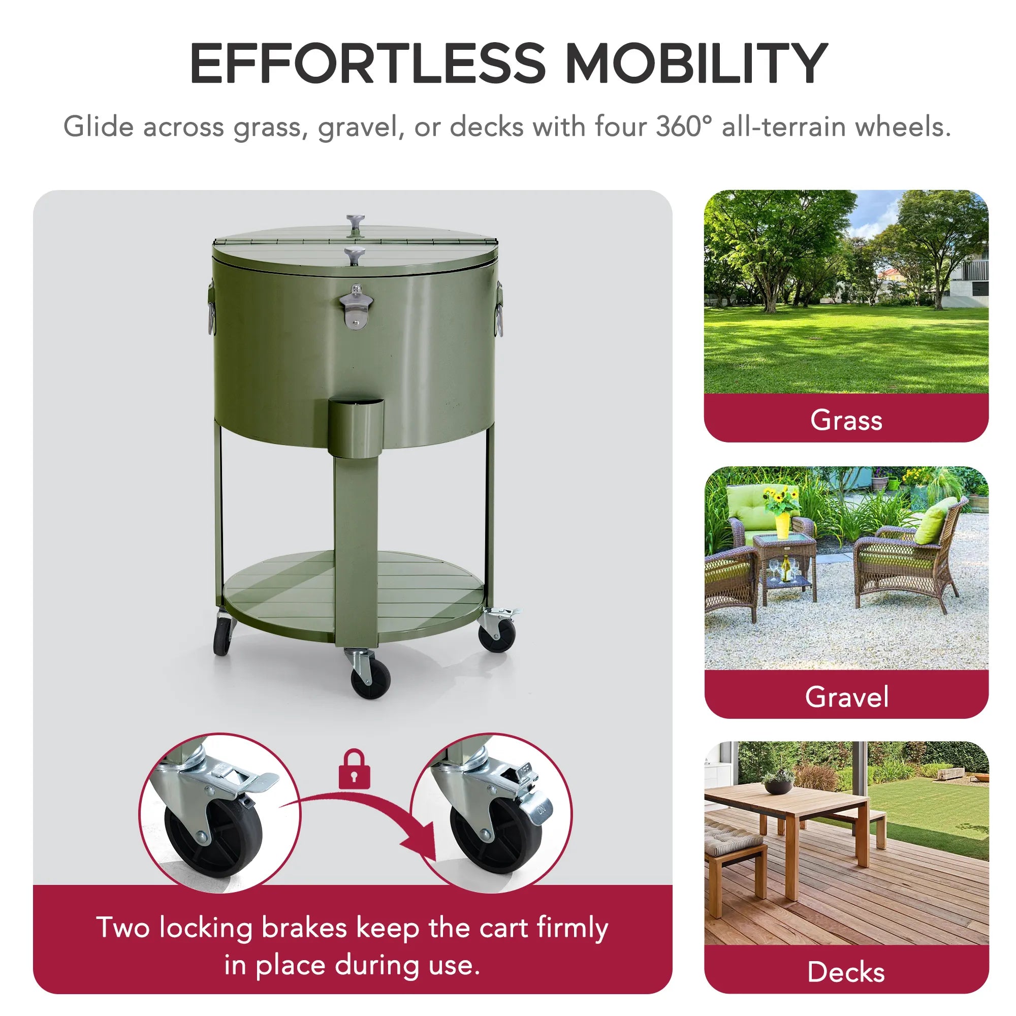 SUNJOY 60 Quart Patio Rooling Cooler Cart with Bottle Opener, Shelf and Lockable Wheels - Green