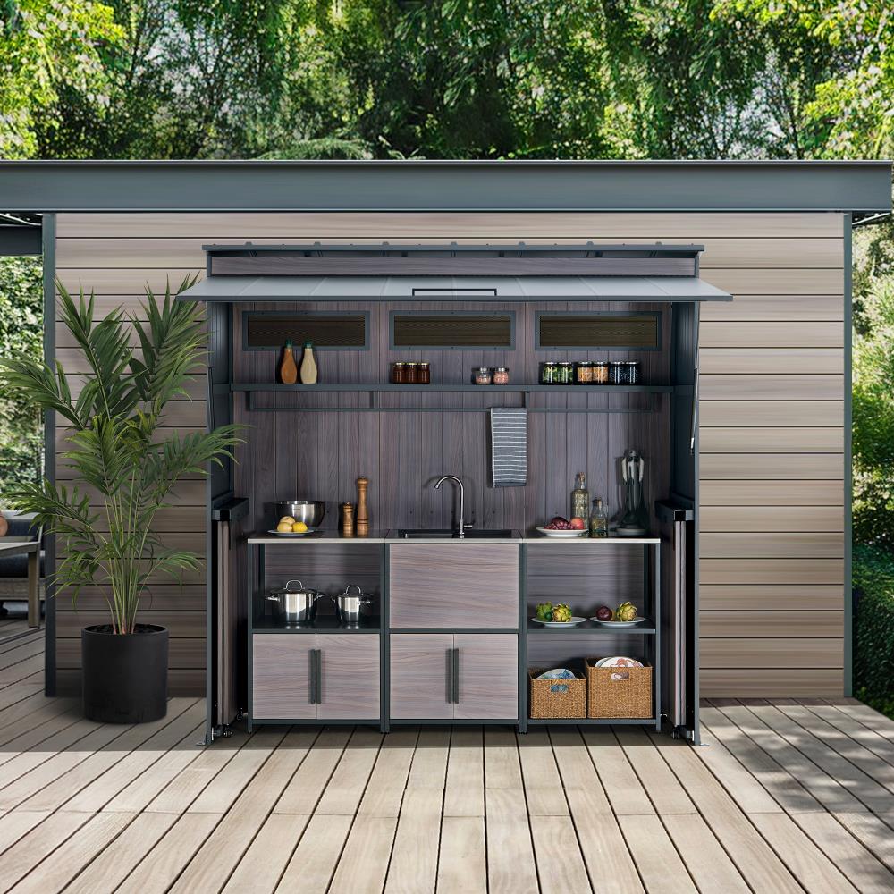 SUNJOY Fleetwood Outdoor Grill Kitchen with Outdoor Kitchen Cabinets, Shelves, and Sink Options.