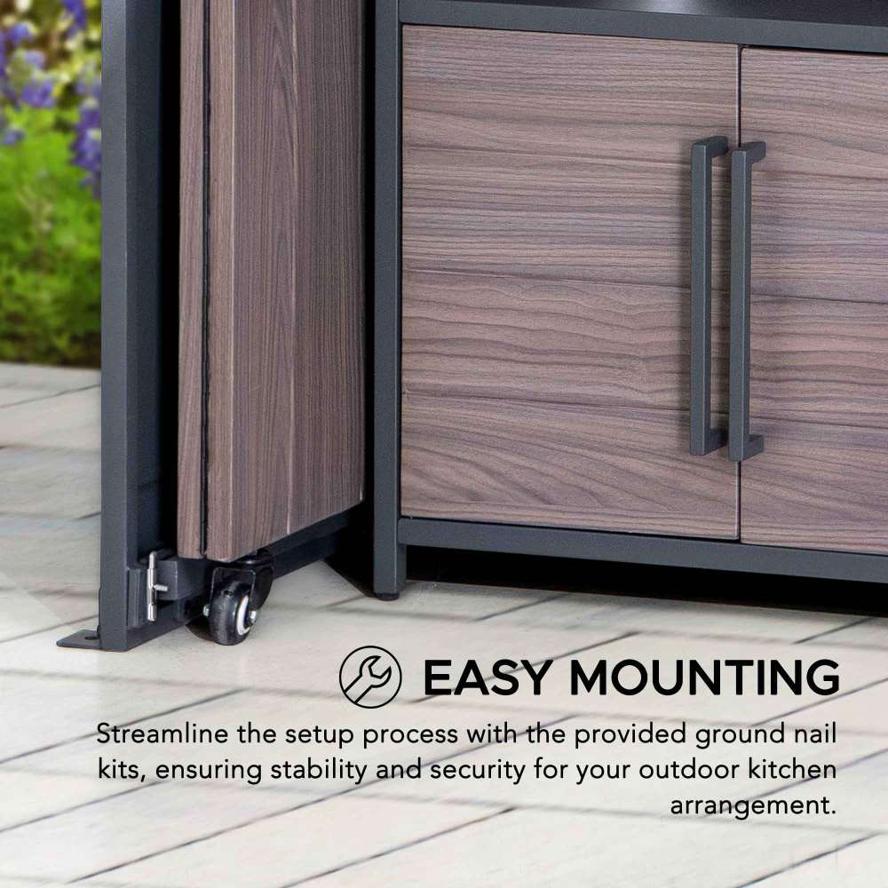 SUNJOY Fleetwood Outdoor Grill Kitchen with Outdoor Kitchen Cabinets, Shelves, and Sink Options.