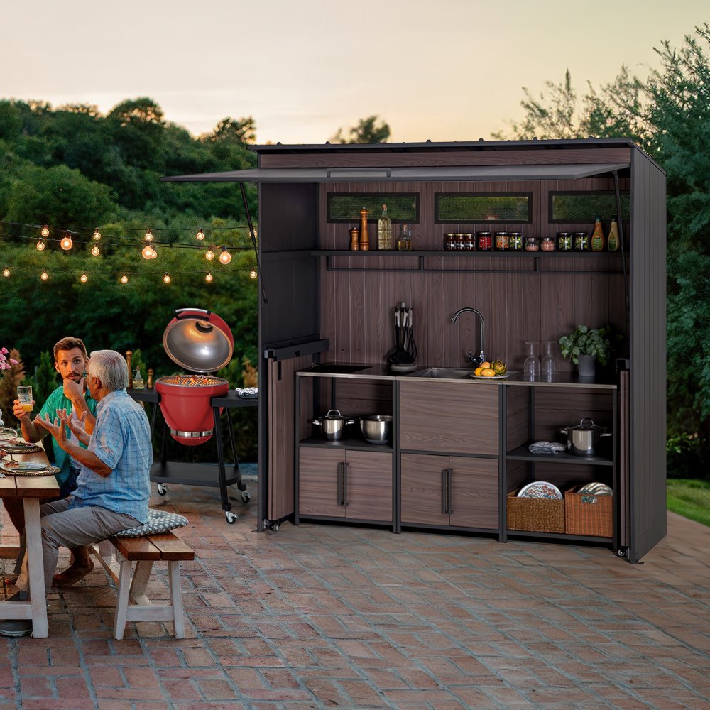 SUNJOY Fleetwood Outdoor Grill Kitchen with Outdoor Kitchen Cabinets, Shelves, and Sink Options.