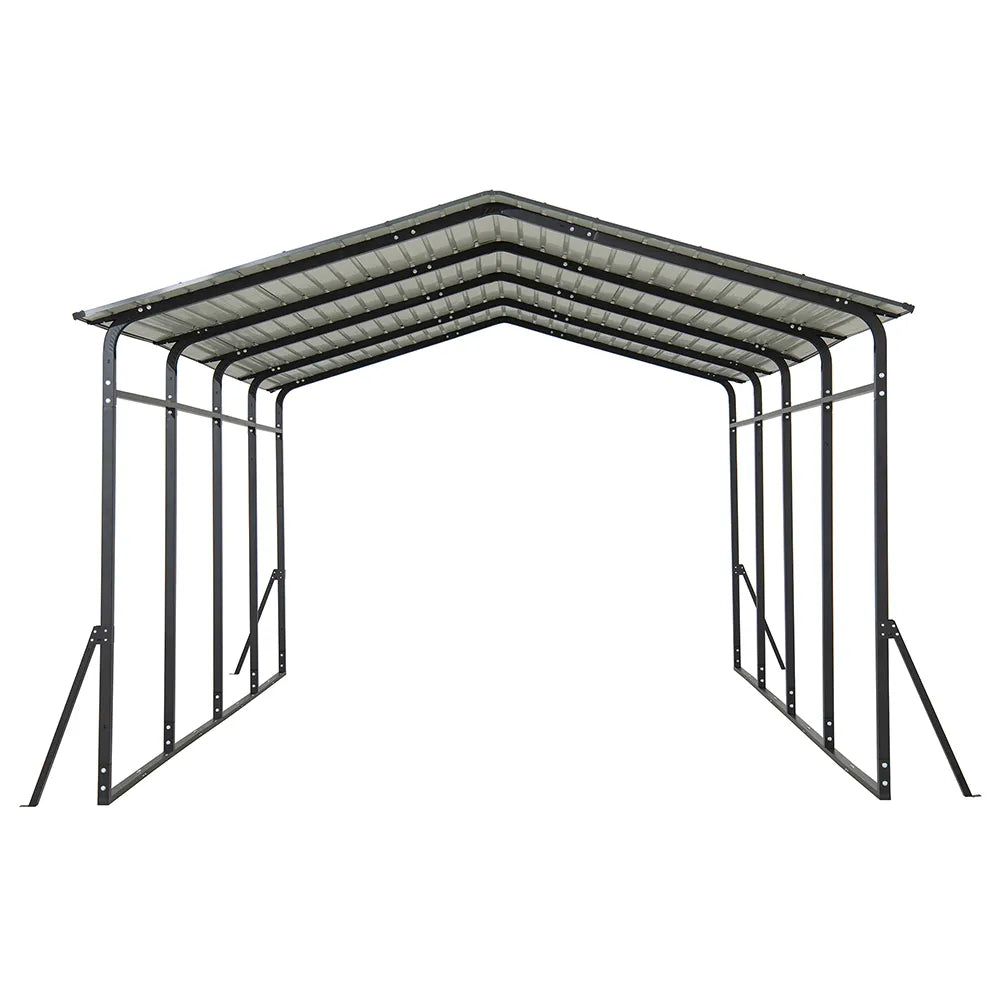 Metal carport structure on a white background
