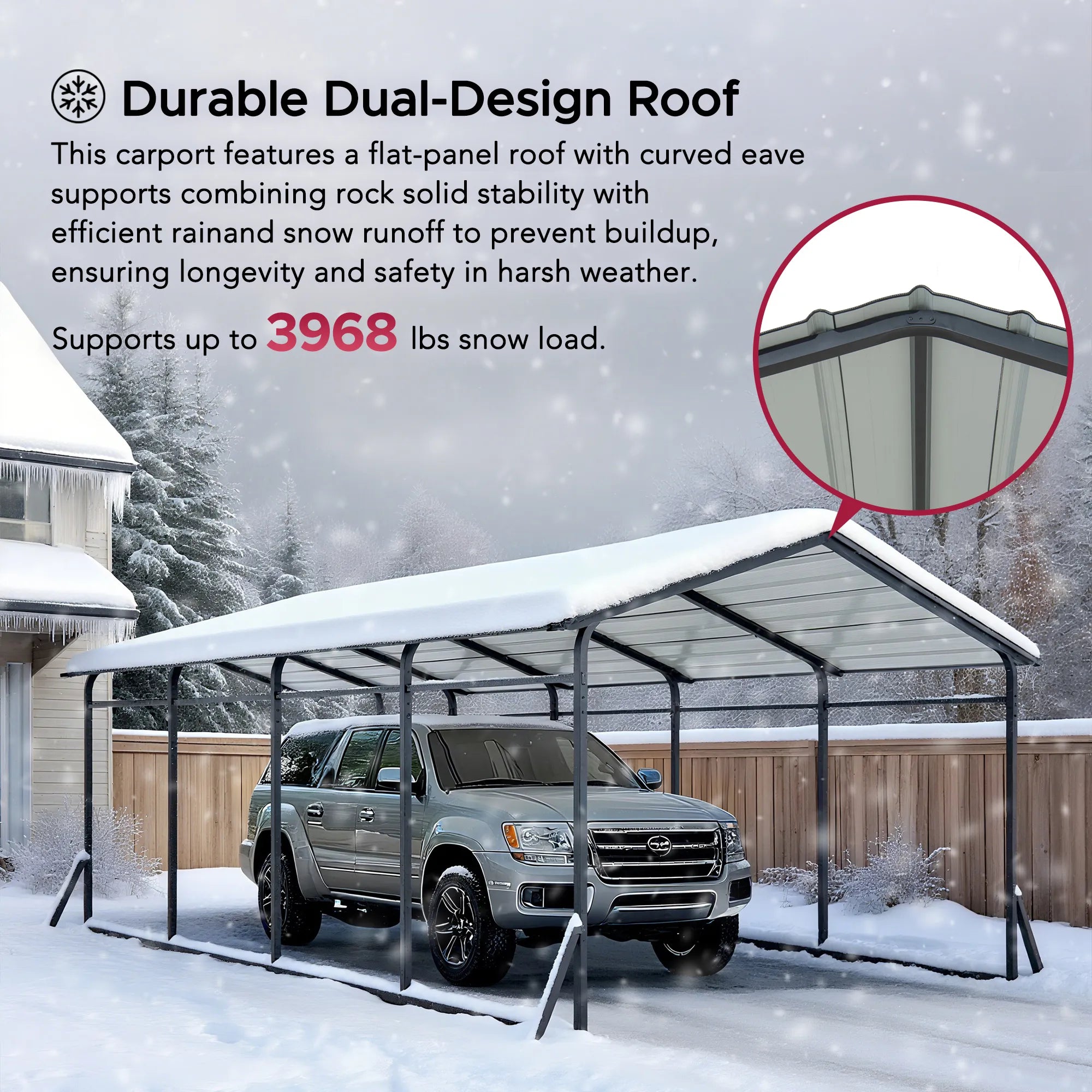 Carport with durable dual-design roof in snowy outdoor setting