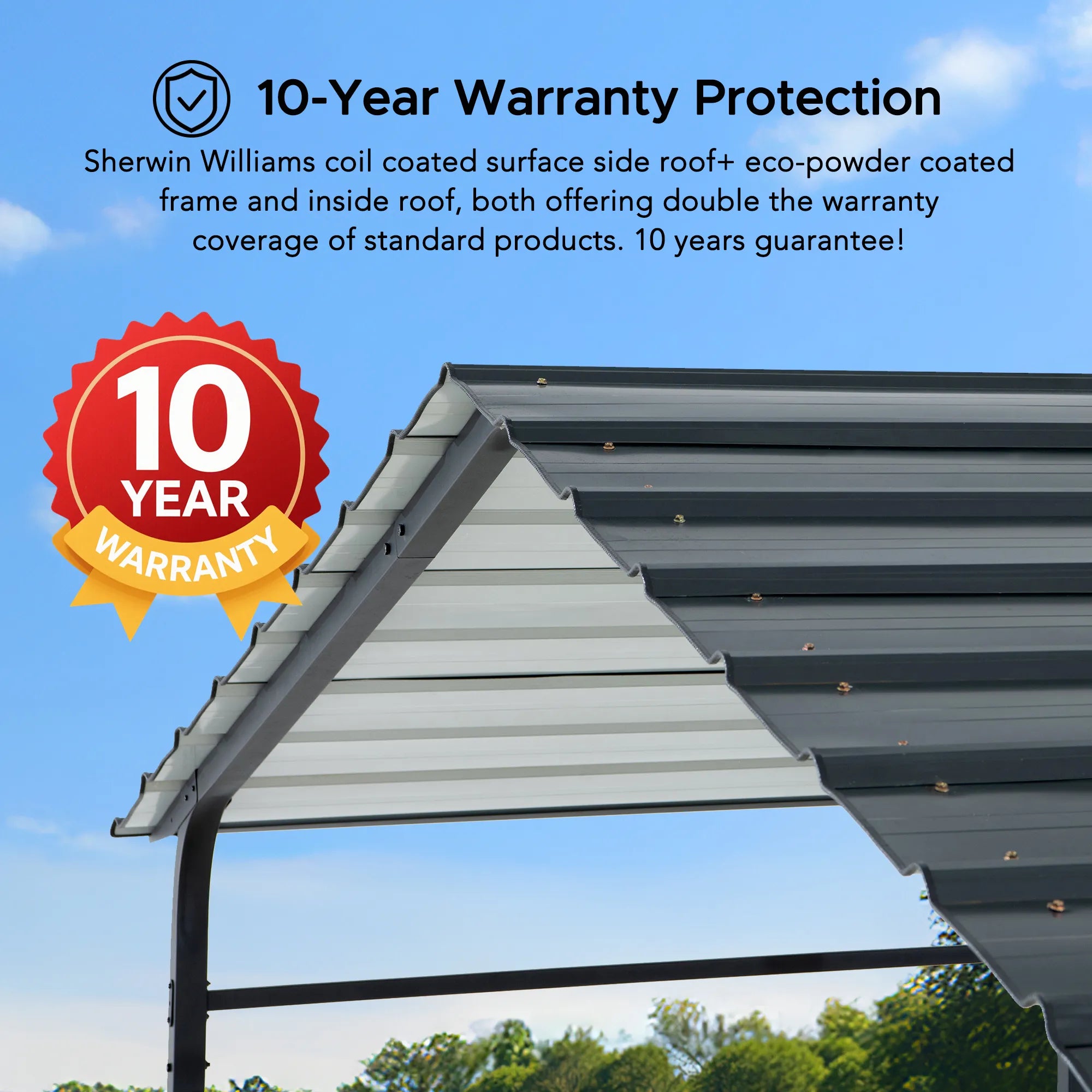 Metal roof with Sherwin Williams warranty label and text about 10-year warranty protection.