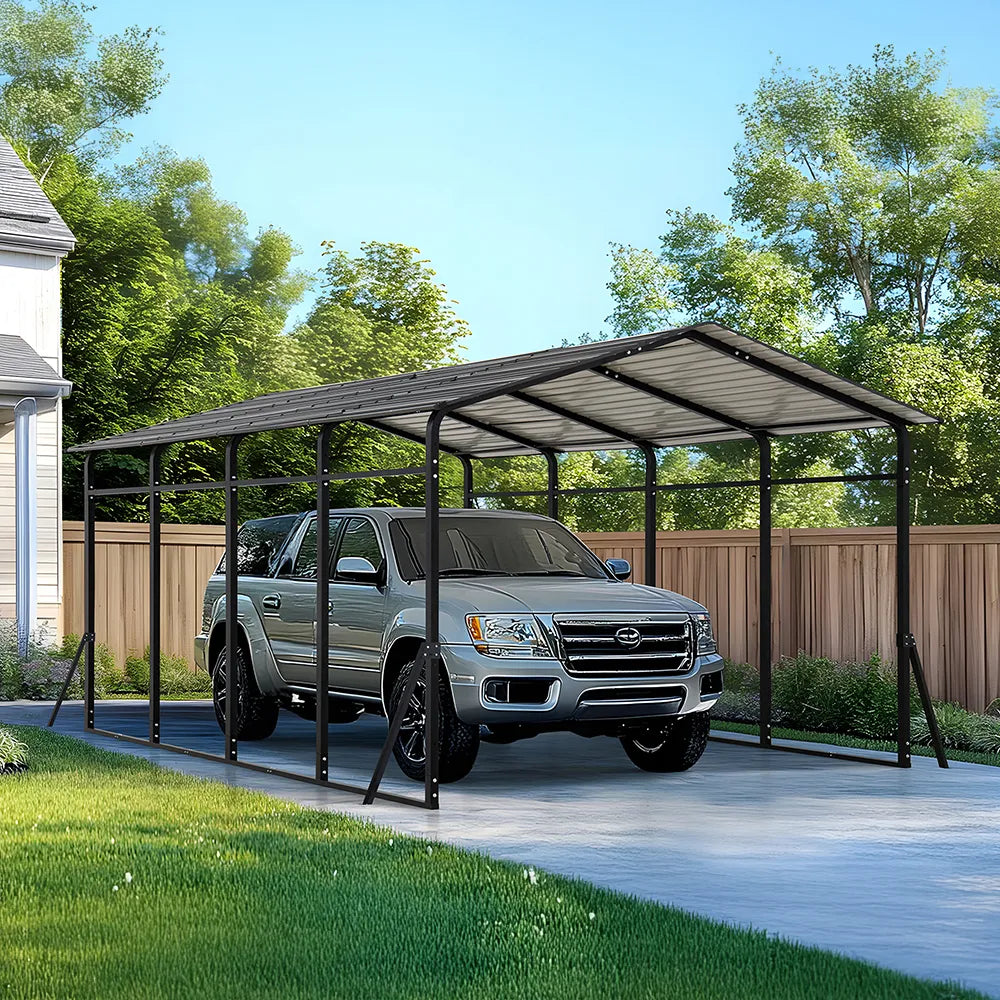 Carport with a truck underneath on a sunny day