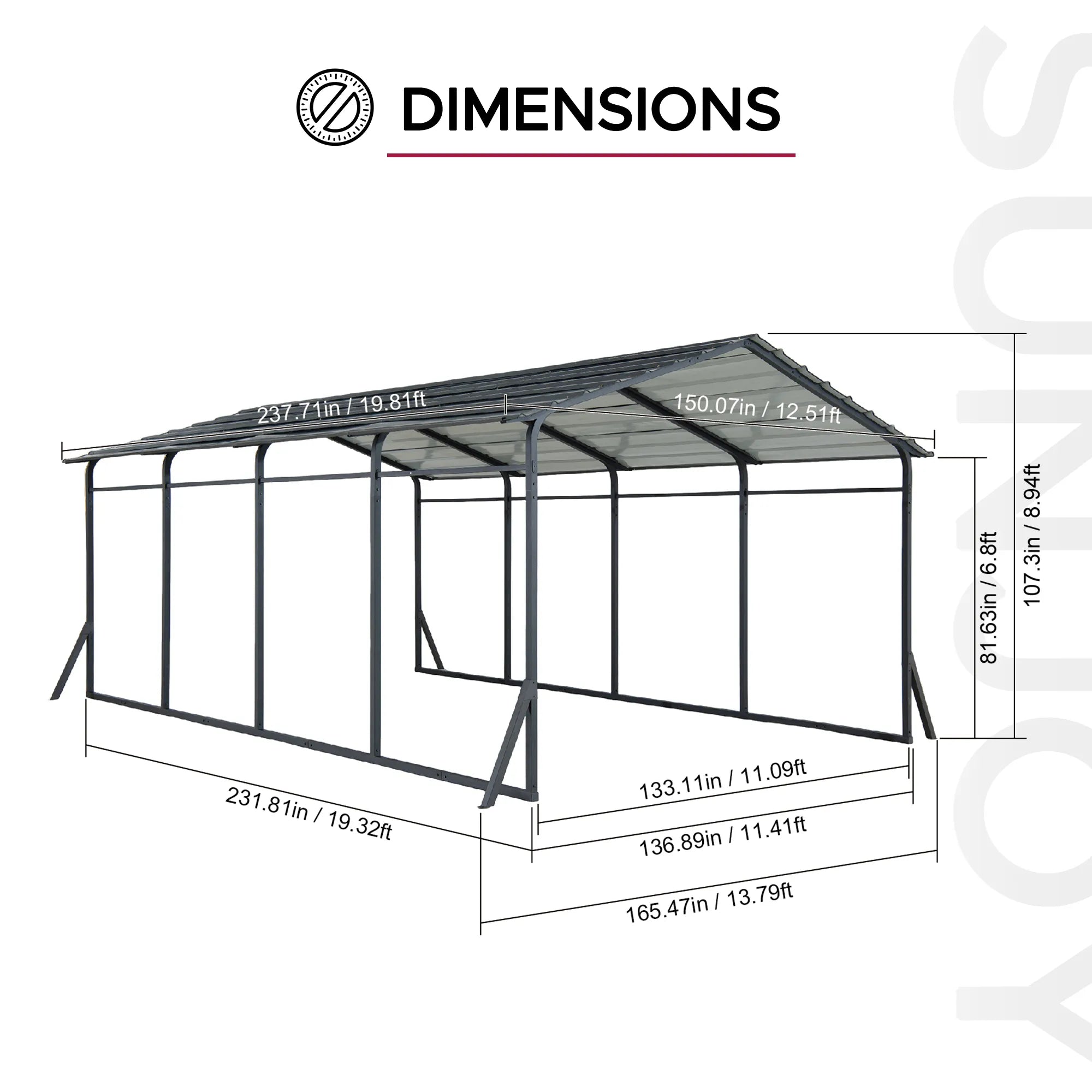 Dimensions of a metal carport structure with measurements labeled.