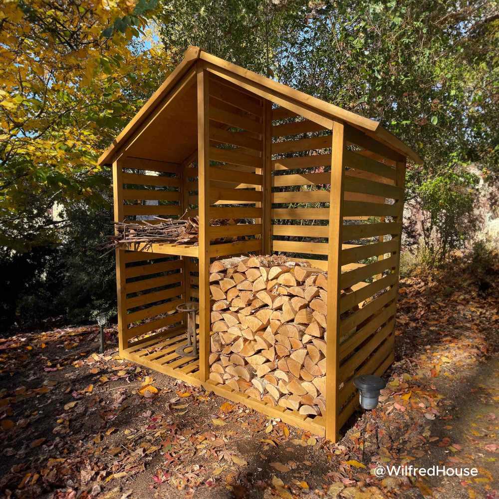 SUNJOY Outdoor Cedar Firewood Storage Rack Shed with Asphalt Roof.