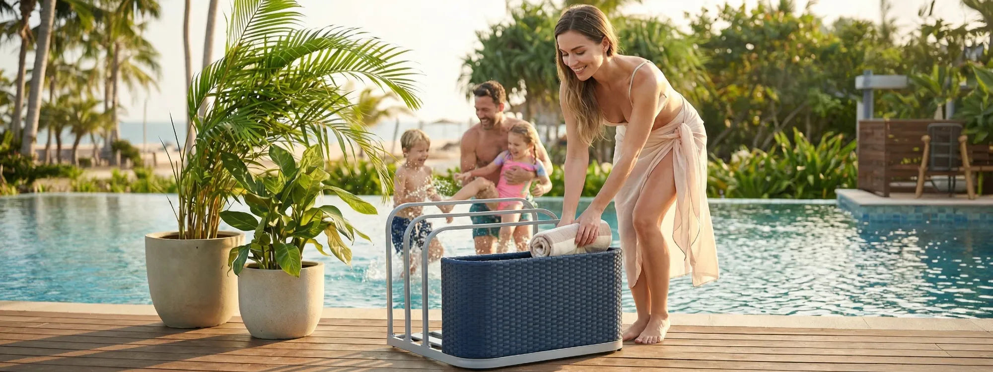SUNJOY 35 Inch Rust-proof Wicker Pool Float Storage Rack for Floaties - Navy