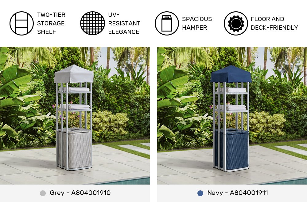 SUNJOY Aluminum Pool Valet Tower with Shelves and Wicker Basket