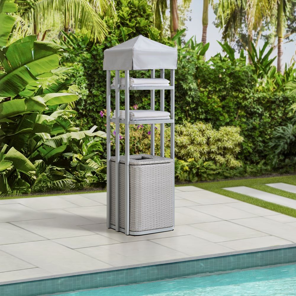 SUNJOY Aluminum Pool Valet Tower with Shelves and Wicker Basket