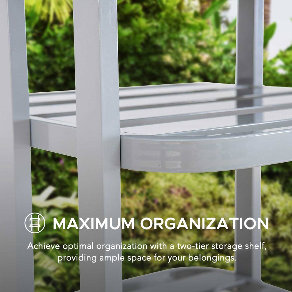 SUNJOY Aluminum Pool Valet Tower with Shelves and Wicker Basket.