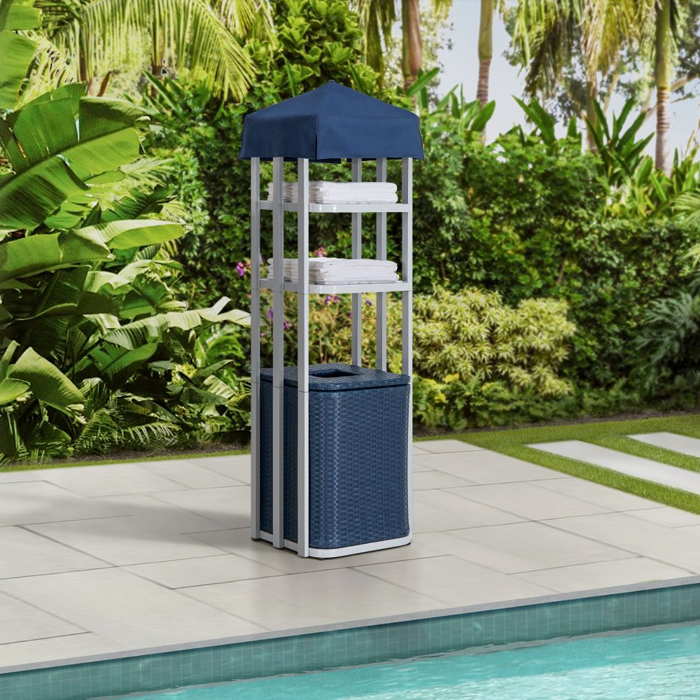 SUNJOY Aluminum Pool Valet Tower with Shelves and Wicker Basket