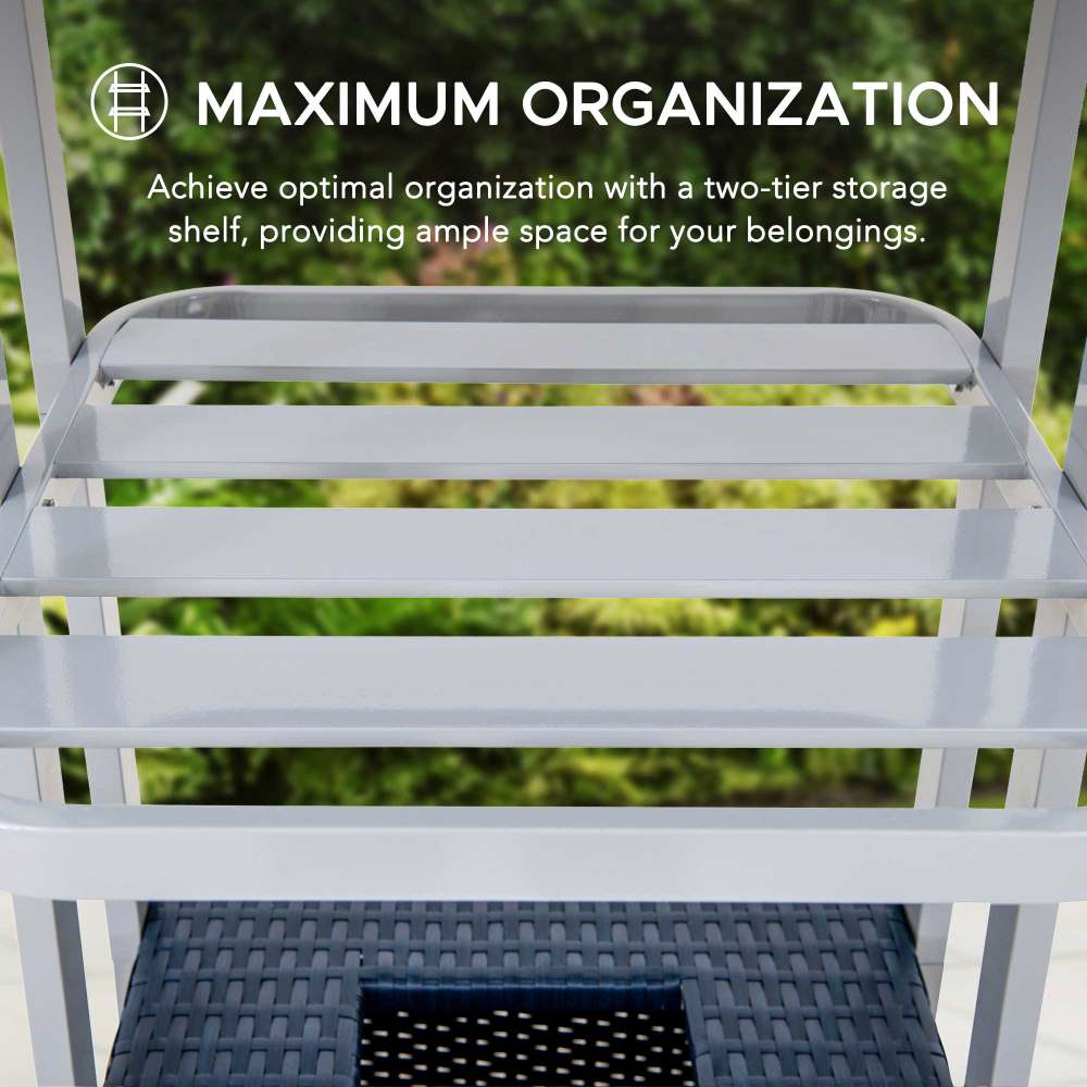 SUNJOY Aluminum Pool Valet Tower with Shelves and Wicker Basket.