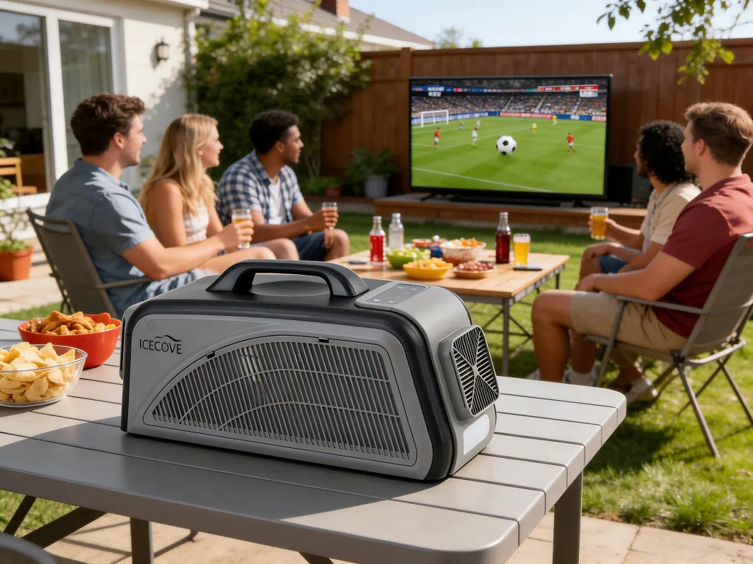 Group of people watching sports on a TV outdoors with an IceCave portable air conditioner.