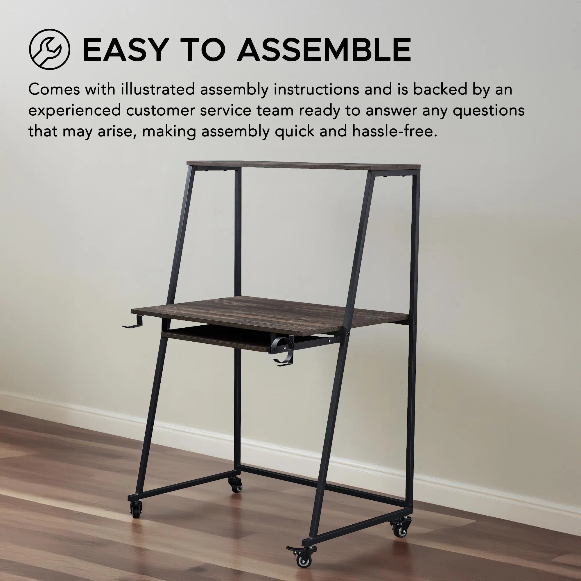 SUNJOY 33" Simplistic Mobile Computer Desk with Lockable Wheels, Cup Holder and Headset Hook