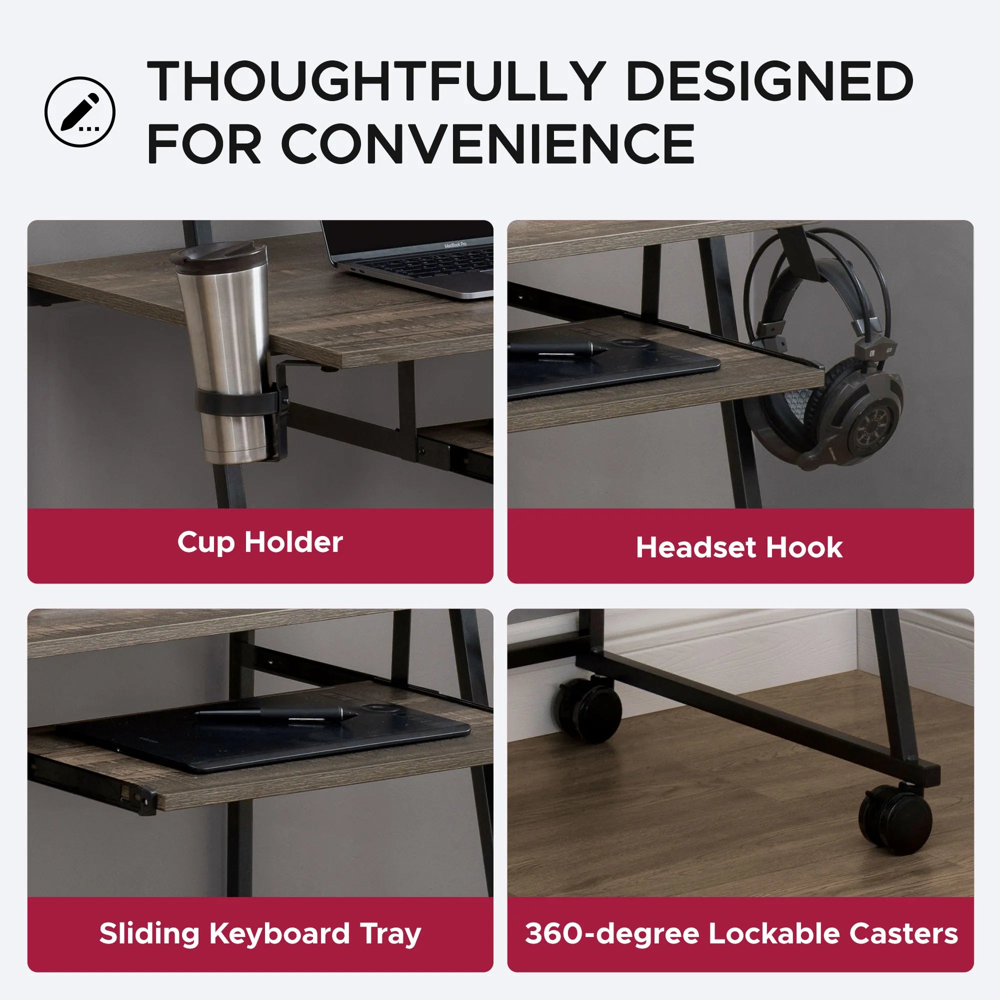 SUNJOY 33" Simplistic Mobile Computer Desk with Lockable Wheels, Cup Holder and Headset Hook