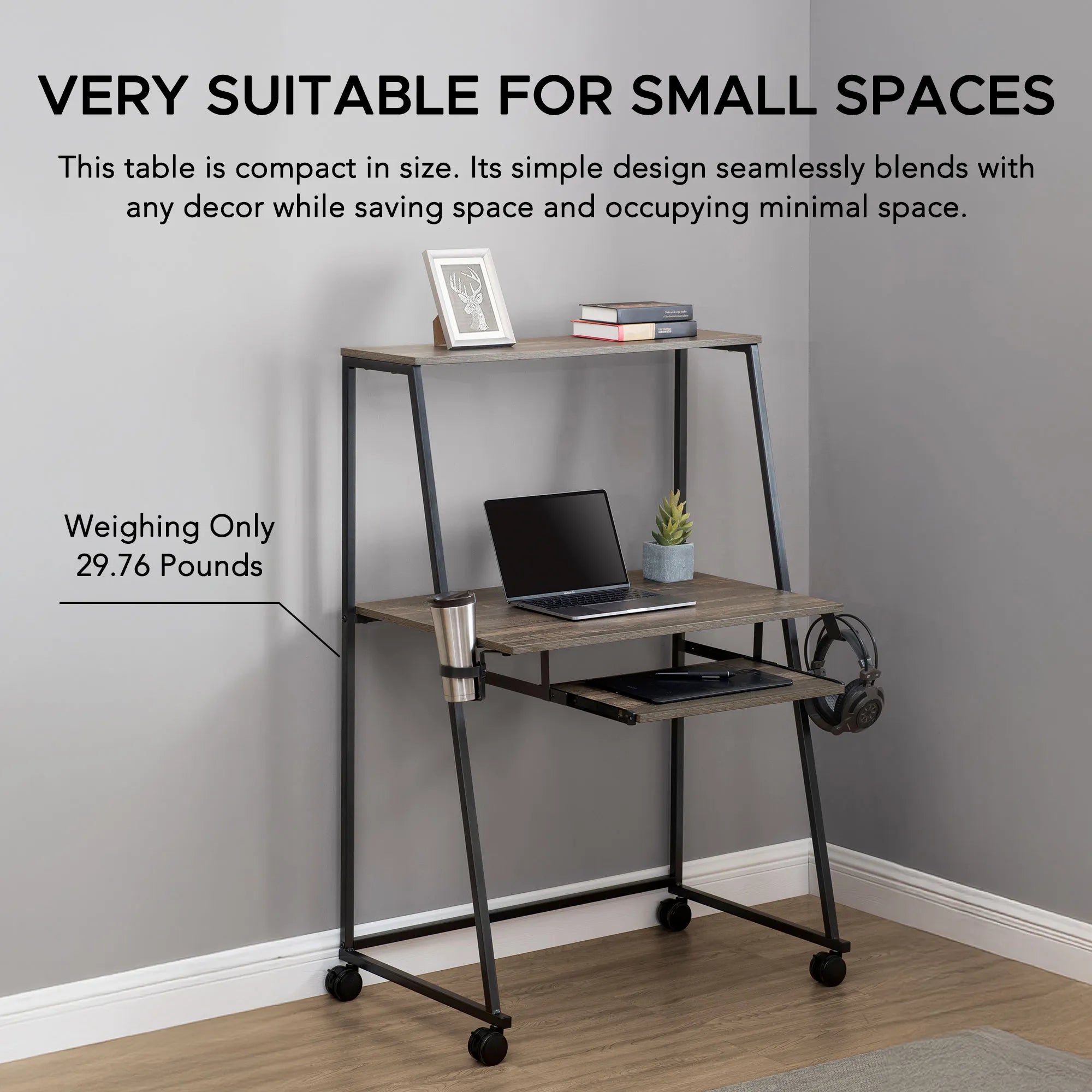 SUNJOY 33" Simplistic Mobile Computer Desk with Lockable Wheels, Cup Holder and Headset Hook