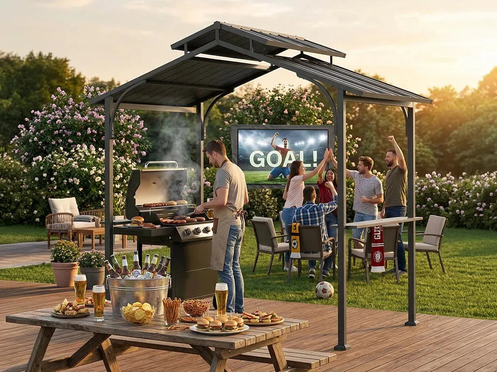 People enjoying a barbecue outdoors with a TV screen displaying a sports game.