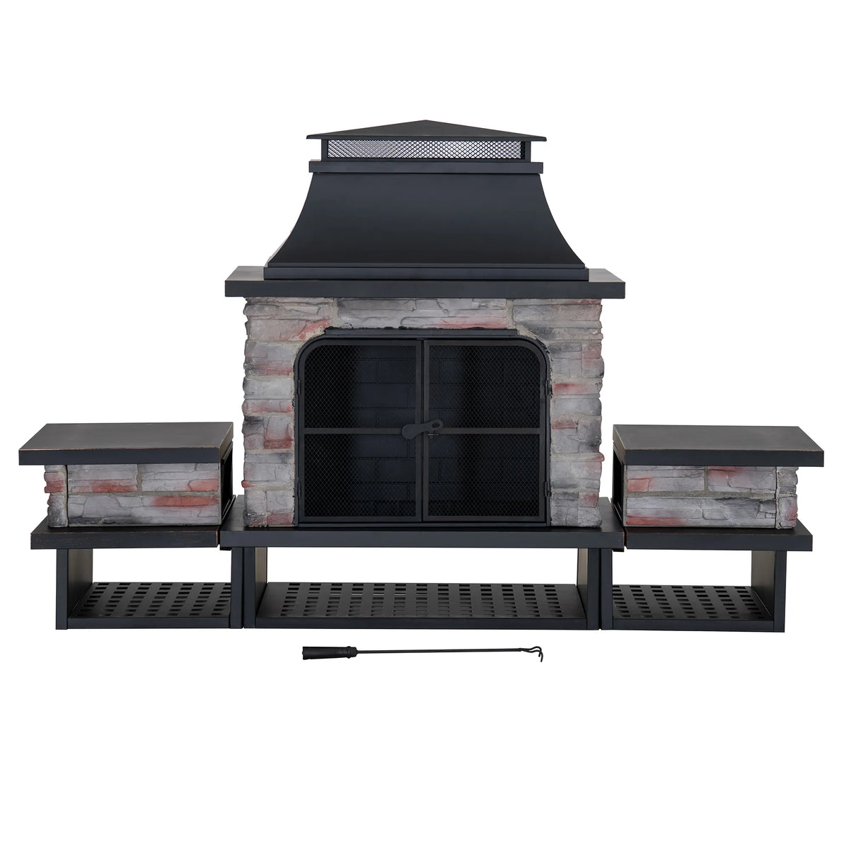 Canyon Stone Wood Burning Fireplace with Log Holders 82" - Black