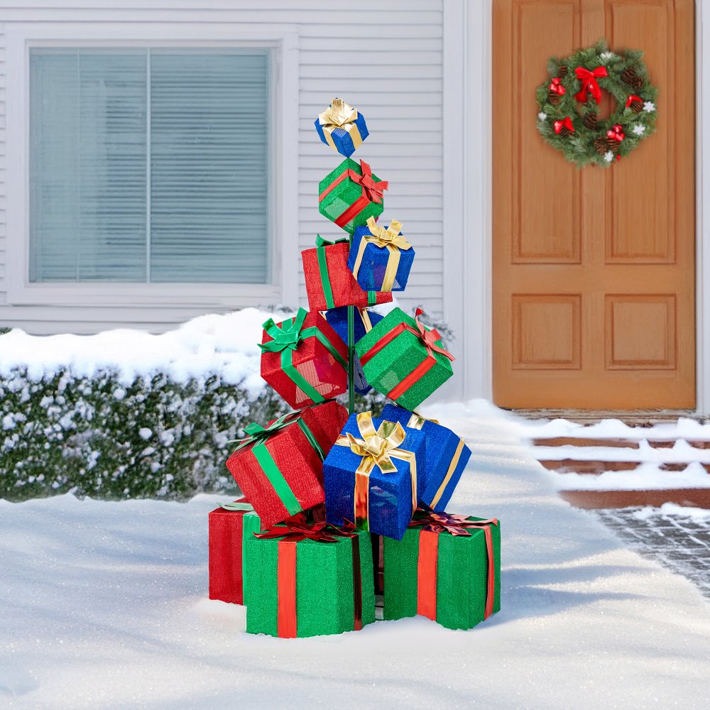 SUNJOY 63 Inch Christmas Lighted Stacked Gift Box with LED Lights.
