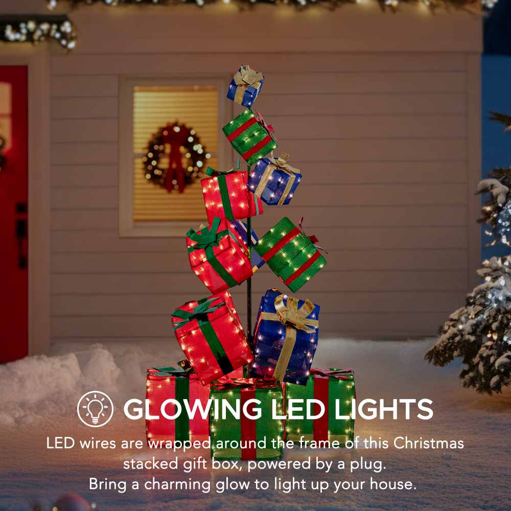 SUNJOY 63 Inch Christmas Lighted Stacked Gift Box with LED Lights.