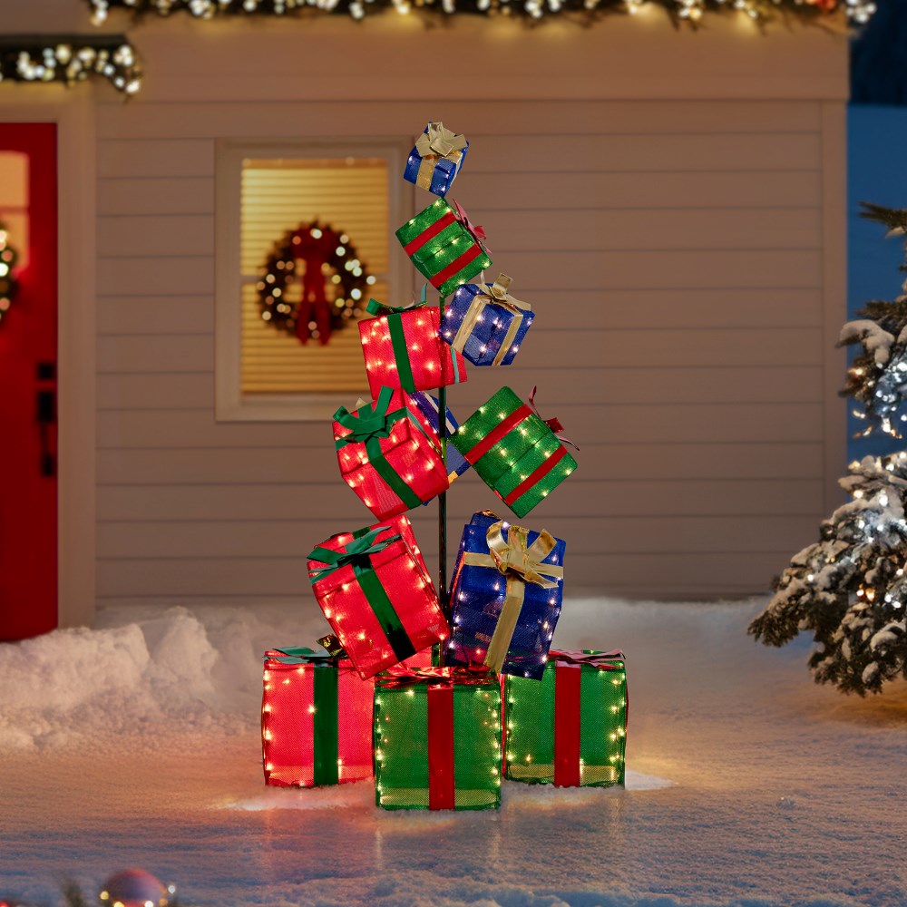 SUNJOY 63 Inch Christmas Lighted Stacked Gift Box with LED Lights.