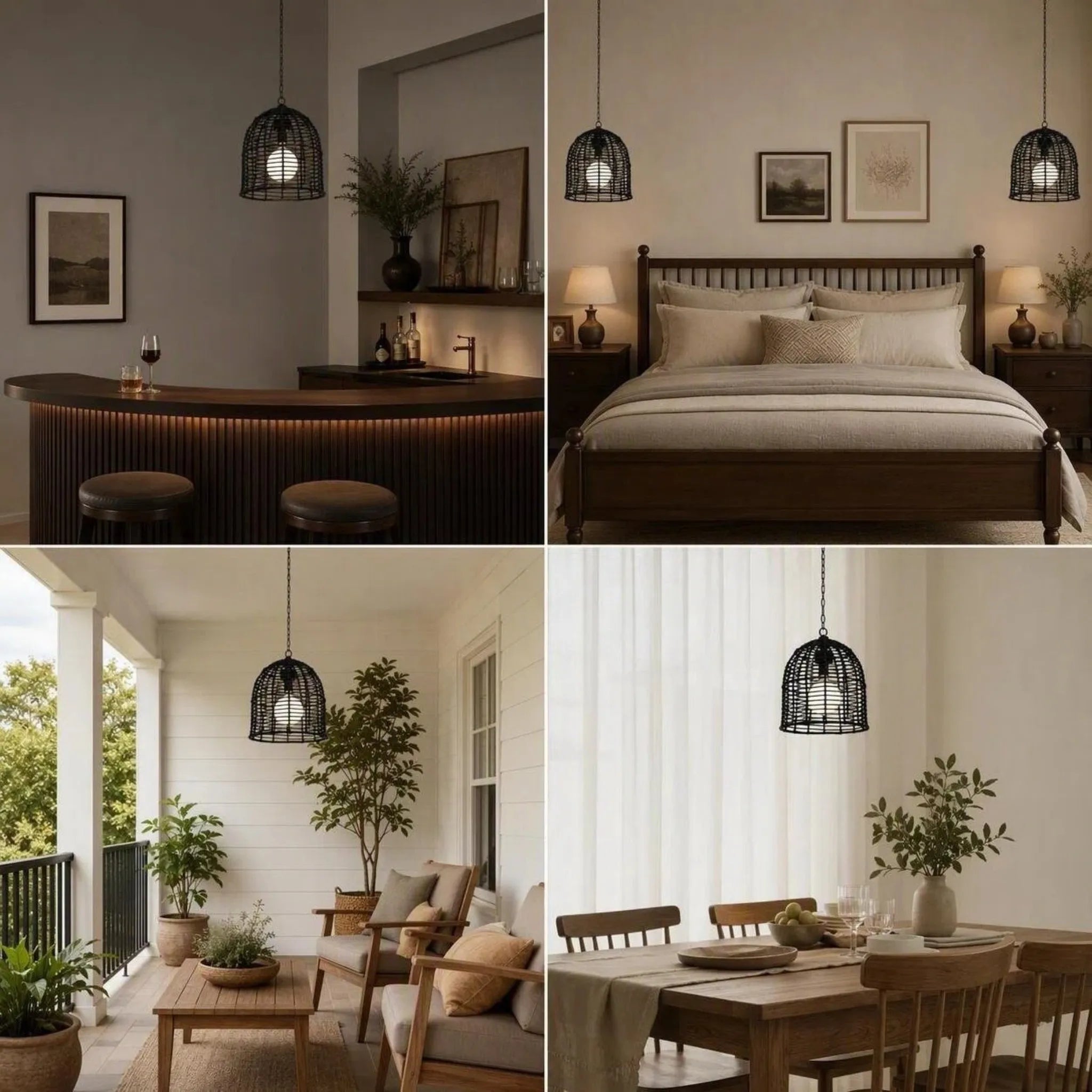Chandelier Wicker Hanging Light Fixture with Remote Control - Black