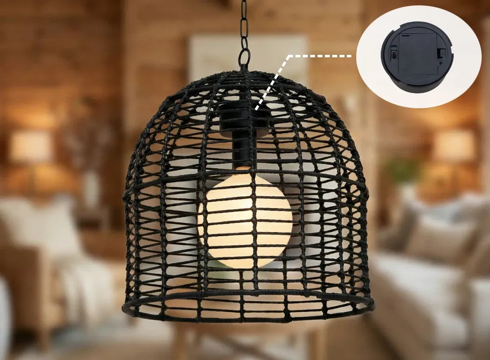 SUNJOY Outdoor Chandelier Wicker Hanging Light Fixture with Remote Control - Black
