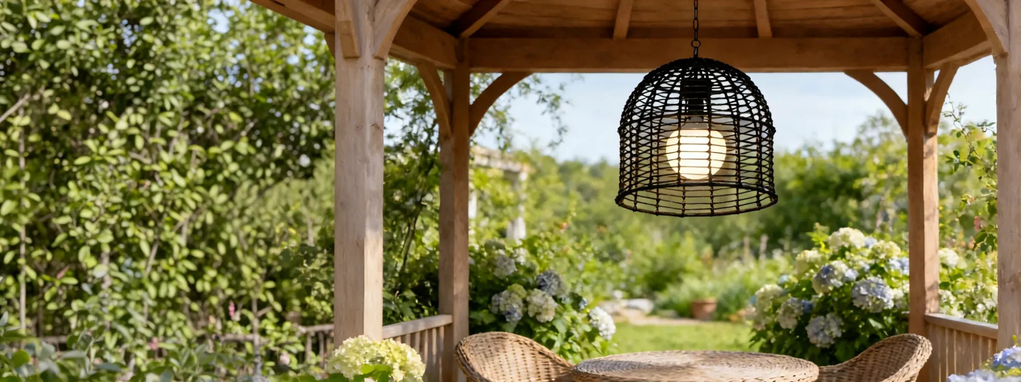 SUNJOY Outdoor Chandelier Wicker Hanging Light Fixture with Remote Control - Black