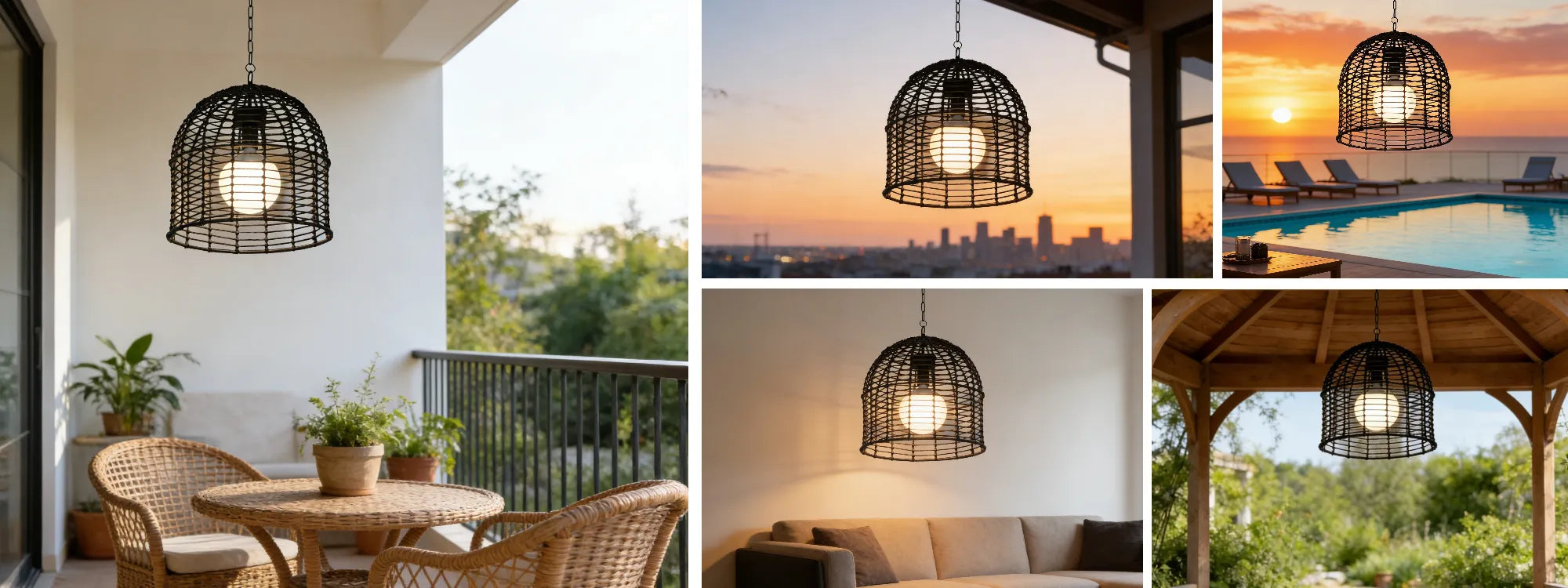 SUNJOY Outdoor Chandelier Wicker Hanging Light Fixture with Remote Control - Black