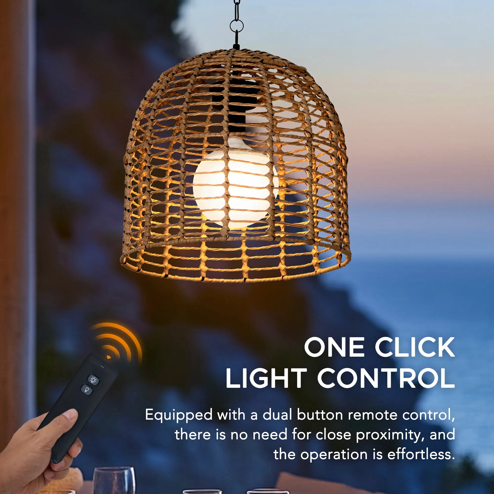 Chandelier Wicker Hanging Light Fixture with Remote Control - Light Brown