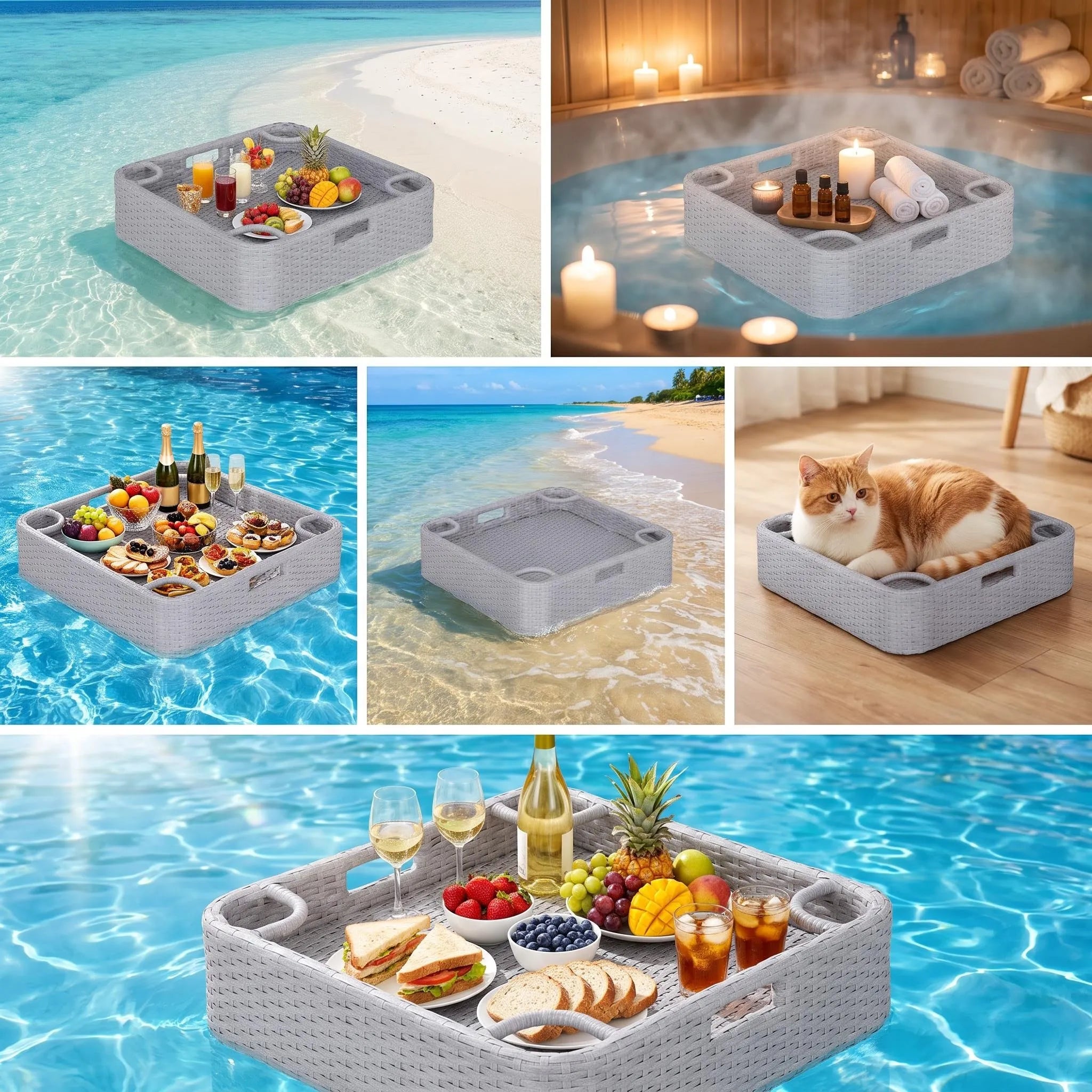 Aquasis Wicker Floating Pool Tray 24" x 24" - Harbor Gray