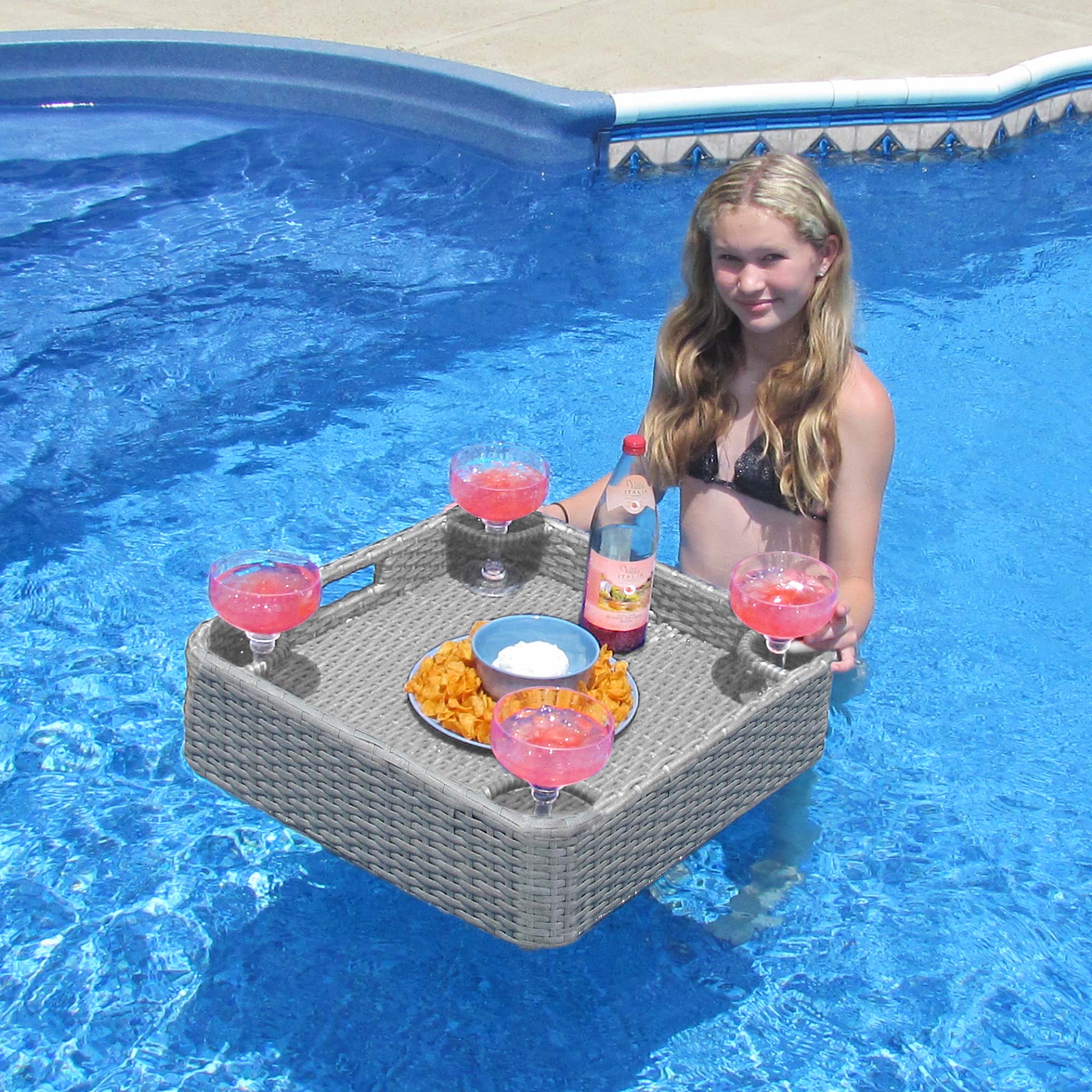 SUNJOY 24x24 Inch Aluminum Frame Wicker Floating Tray for Pool
