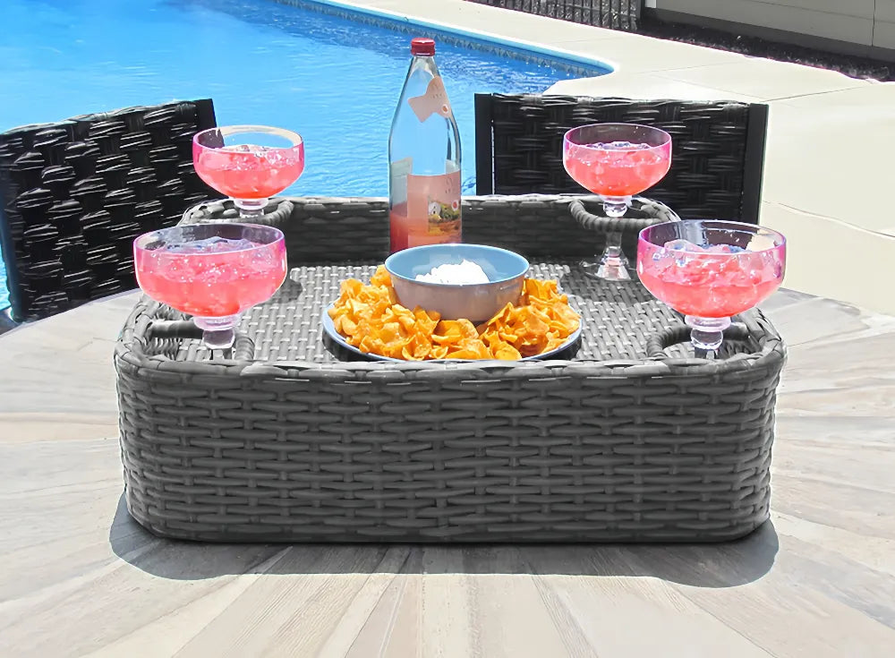 SUNJOY 24x24 Inch Aluminum Frame Wicker Floating Tray for Pool - Gray