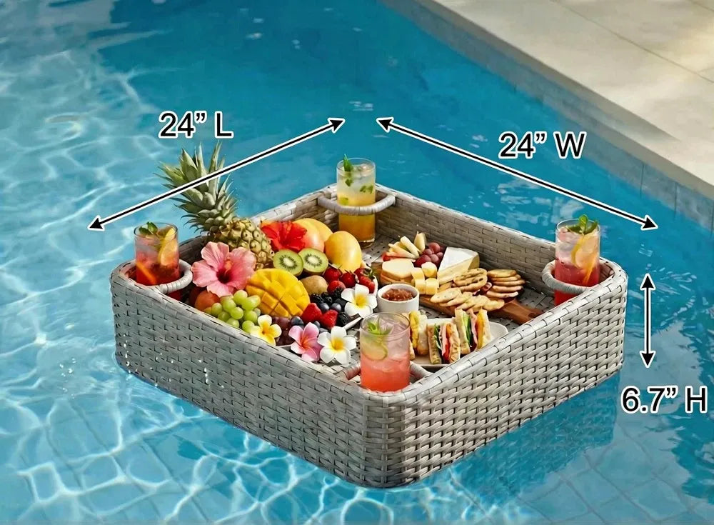 SUNJOY 24x24 Inch Aluminum Frame Wicker Floating Tray for Pool - Gray