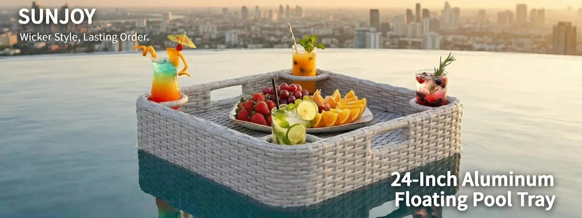SUNJOY 24x24 Inch Aluminum Frame Wicker Floating Tray for Pool - Gray