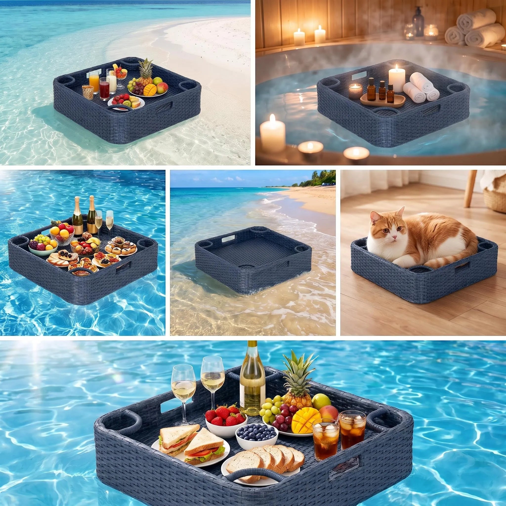 Aquasis Wicker Floating Pool Tray 24x24 - Deep Navy