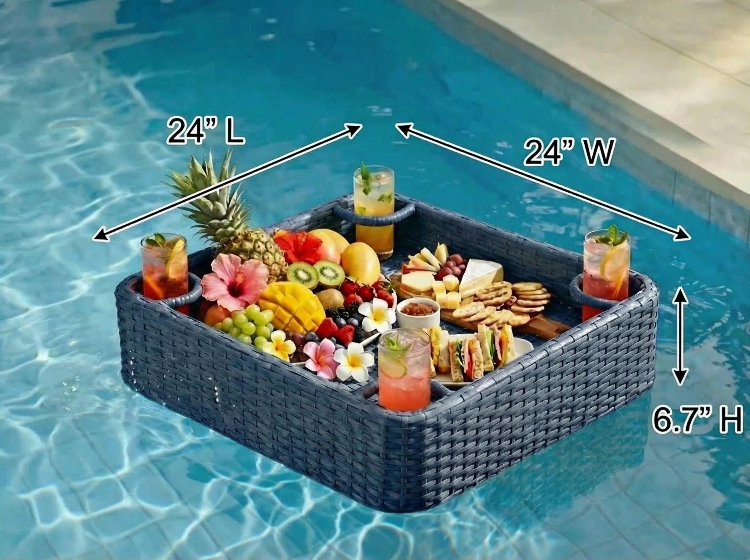 SUNJOY 24x24 Inch Aluminum Frame Wicker Floating Tray for Pool - Navy